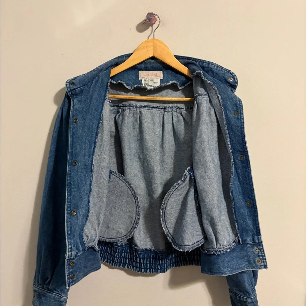 Vintage Dark Blue Bomber Jean Jacket Size Medium Stranger Things Puff Shoulder - Picture 5 of 9